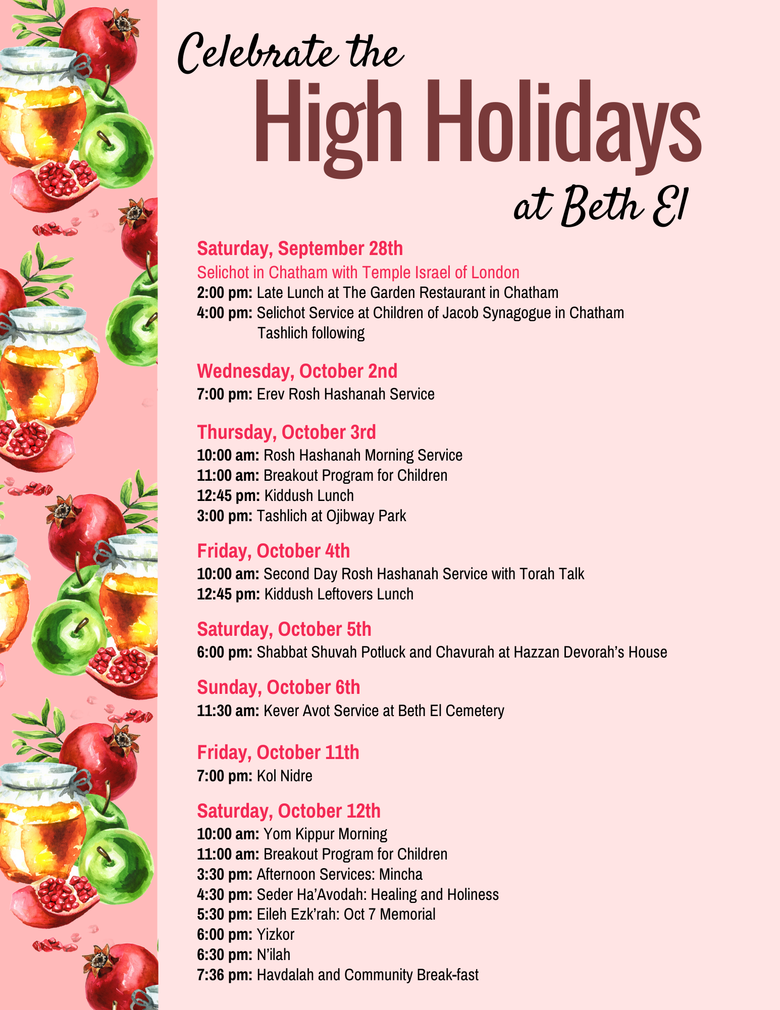 HIGH HOLIDAYS SCHEDULE- COMPLETE